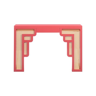 Coral Pink and Rattan Rectangular Console Table with Storage