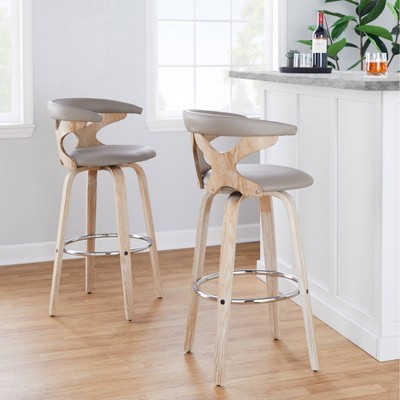 Set of 2 Light Gray Faux Leather and White Washed Wood Swivel Barstools