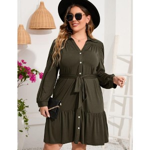Women's Plus Size Long Sleeve Dress V Neck Button Front Belted Shirt Dress A Line Ruffle Midi Dress - 1 of 4