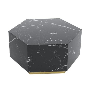 HomeRoots 35" Black And Gold Faux Marble Hexagon Drum Coffee Table