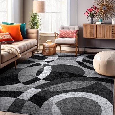 Contemporary Modern Circles 8x10 Dark Grey Polypropylene Area Rug
