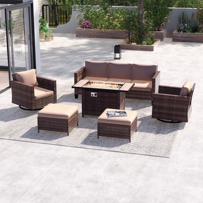 Sonkuki 6-Piece Patio Sofa with Rectangle Fire Pit Table and Swivel Rocking Chairs, Patio Conversation Couch with Cushion