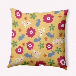 16"x16" Flowery Love with Easter Bunnies Square Throw Pillow Yellow/Blue - e by design: Indoor Polyester Twill, Sewn Seam Closure - 1 of 4