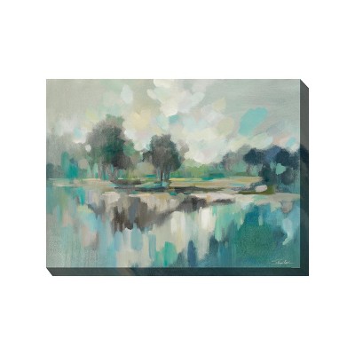 Cottage Garden West of The Wind Blue Day Teal, Green, Grey 40 x 30 Inch Waterproof Gallery Wrapped Canvas, Outdoor Garden, Yard, Patio All Weather