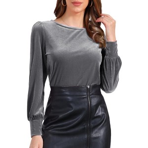 INSPIRE CHIC Women's Velvet Casual Round Neck Puff Long Sleeve Blouse - 1 of 4