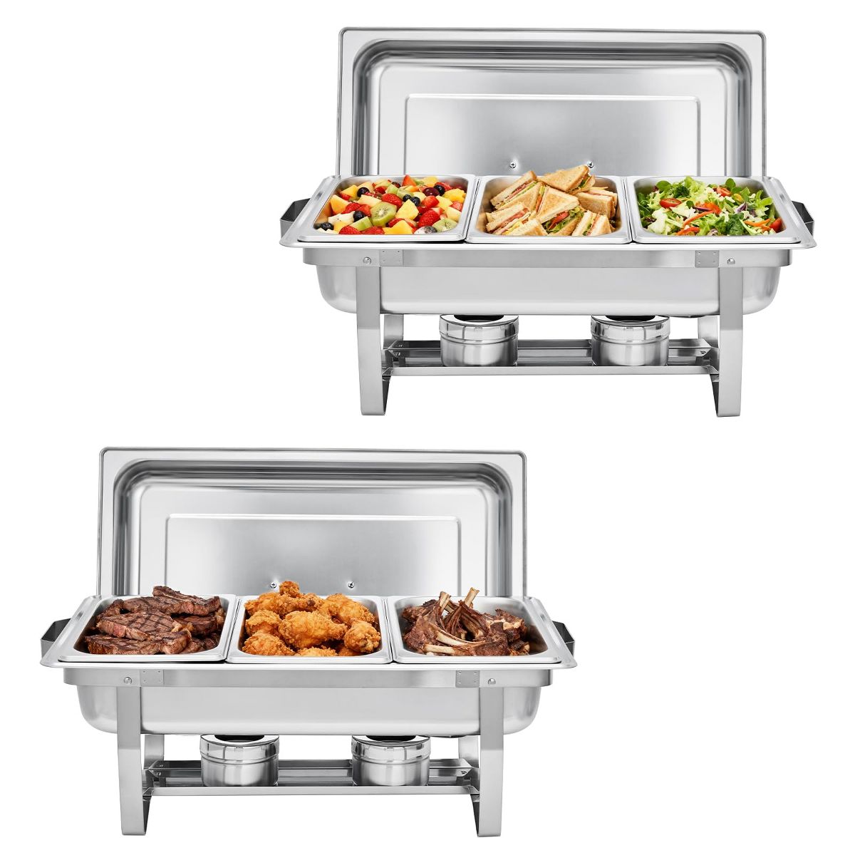 8QT Commercial Stainless Steel Warming Tray, Three-Compartment Warming Stove with Lid and Fuel Rack, Suitable for Parties, Catering, Buffets