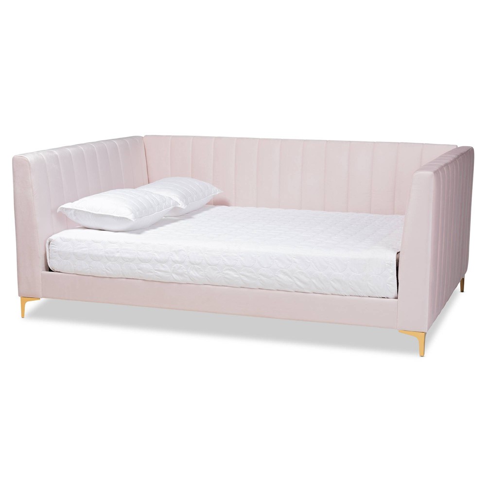 Photos - Bed Full Oksana Velvet Daybed Light Pink/Gold - Baxton Studio: Upholstered Channel Tufted, No Box Spring Needed