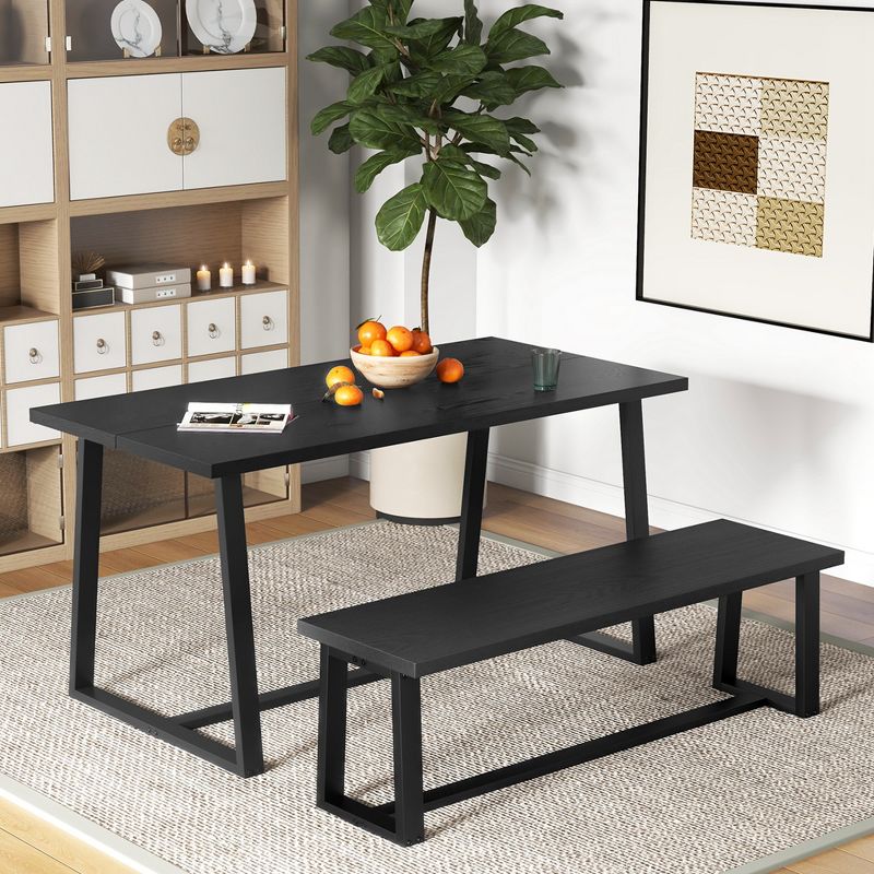 Costway 56.5"L Large Wood Dining Bench with Metal Frame Adjustable Footpads for Kitchen Black/Coffee, 2 of 10