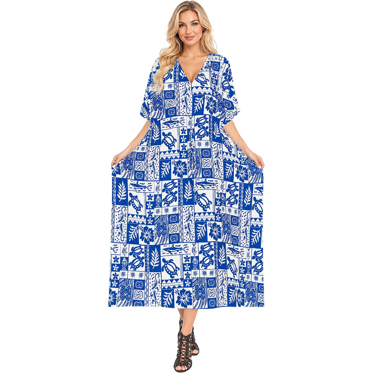 LA LEELA Summer Rayon Blend Caftan Maxi Dress for Women Resortwear Vacation Cruise Holiday Loungewear Pregnancy Wear Beach Outfit 2X-3X Blue Turtle