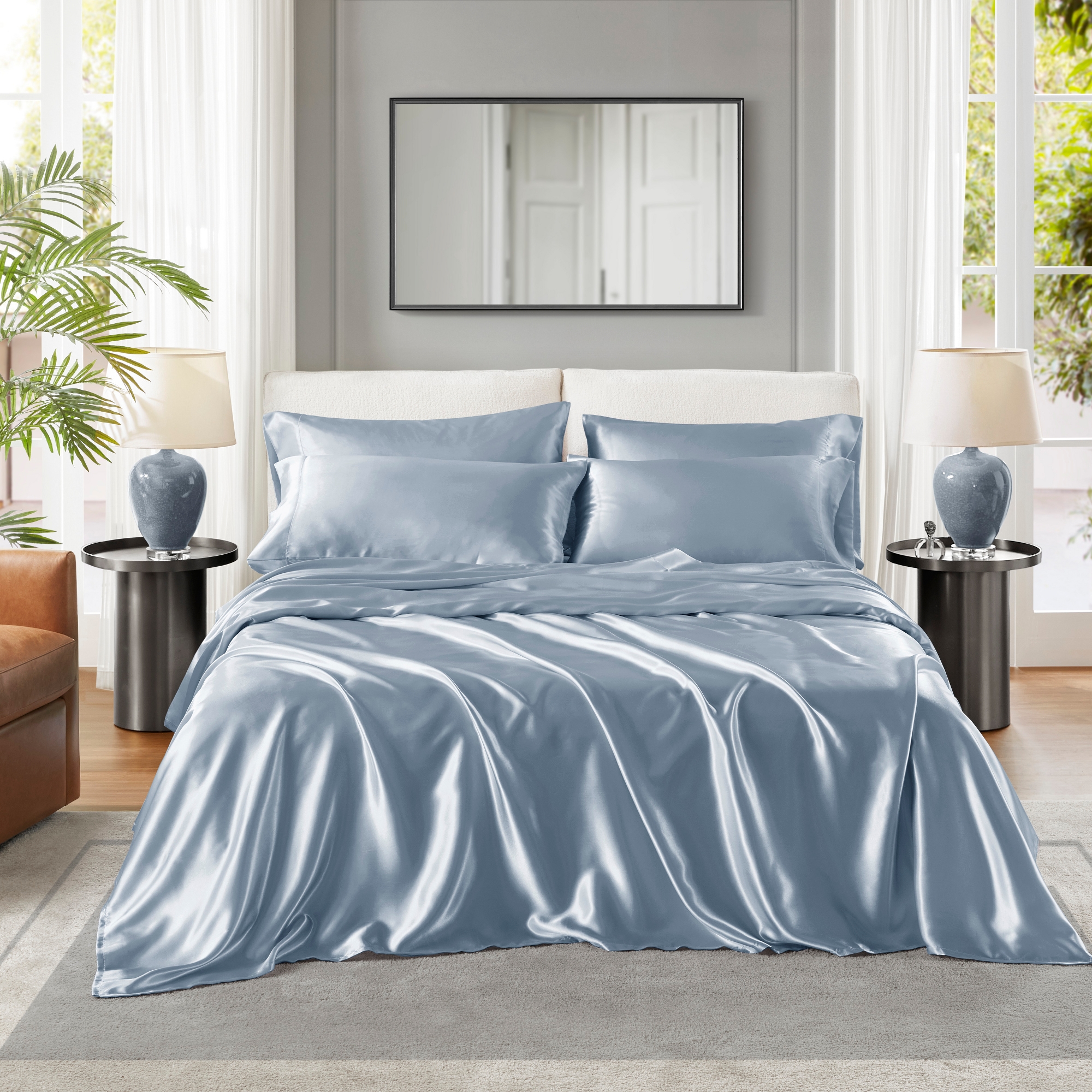 6 Pcs Solid Wrinkle-Free Satin Sheet Set, Silky Soft Touch Frezz-Reduce Luxury Sheets, OEKO-TEX Certified Premium Bedding Set, Blue, King