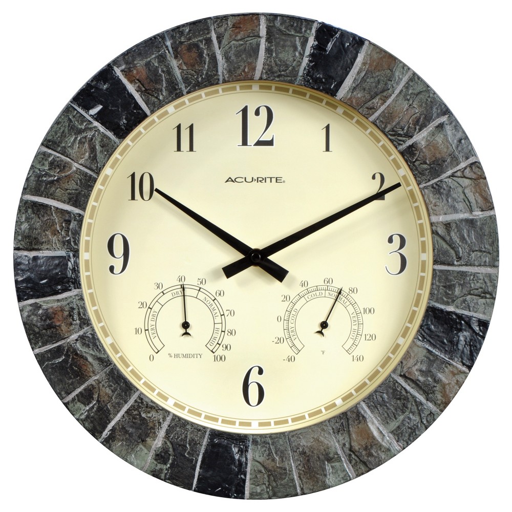 Photos - Wall Clock 14" Outdoor / Indoor  with Thermometer and Humidity - Faux Slate