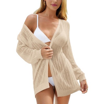 Womens Crochet Knit Cardigan Open Front Longline Cardigan Ribbed Cuff Lace Cardigan