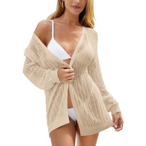 Womens Crochet Knit Cardigan Open Front Longline Cardigan Ribbed Cuff Lace Cardigan - 1 of 4