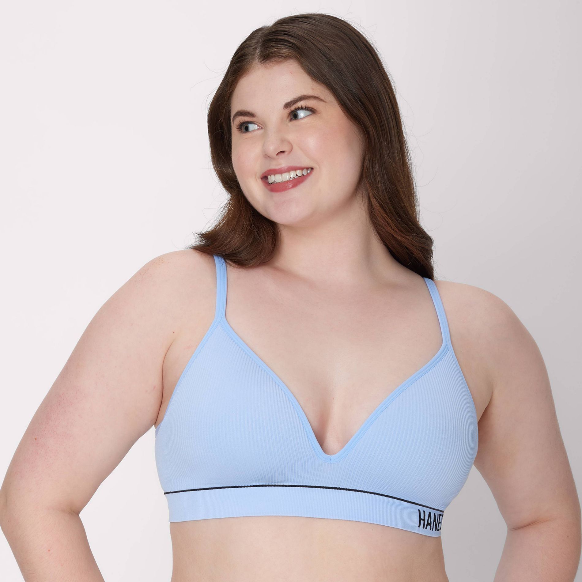 Hanes Originals Women's Ribbed Seamless Contour Bra MHB004 - Sky Blue M: Lightly Lined, Adjustable Straps