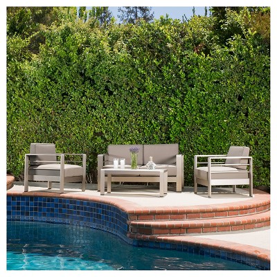 Cape Coral 4pc Cast Aluminum Patio Loveseat Set with Cushions - Silver - Christopher Knight Home