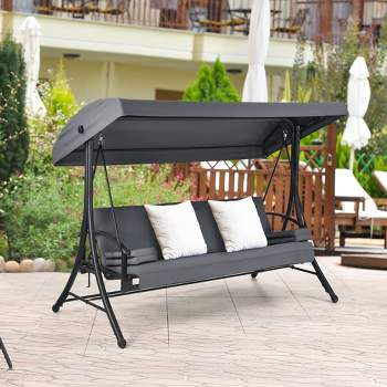 Costway Patio 3-Seat Porch Canopy Swing Converting Grey Cushion Pillow Adjust