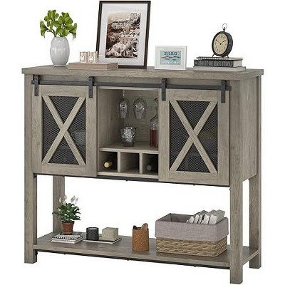 Farmhouse Buffet Storage Cabinet with Wine Glass Rack Coffee Bar Table Kitchen Sideboards and Buffets Cabinet with Barn Door