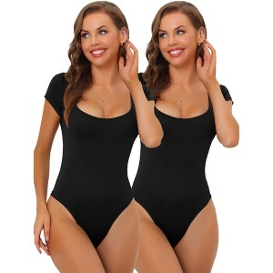 Allegra K Women's Square Neck Tummy Control Short Sleeve Adult Bodysuits 2 Pcs - 1 of 4