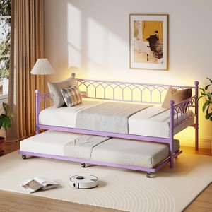Daybed with Trundle, Metal Twin Trundle Bed with Charging Station, LED Lights and Pull Out Bed, for Living Room, Guest Room, Apartment, Small Spaces - 1 of 4