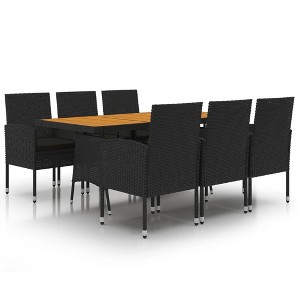 vidaXL 7-Piece Outdoor Dining Set - Black Poly Rattan & Solid Acacia Wood with Cushions - Garden and Patio Furniture Set - 1 of 4