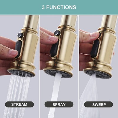 Gold Brass Double Handle Bridge Kitchen Faucet with Pull Down Sprayer