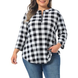 Women's Plus Size Floral Printed V Neck Zip Up 3/4 Sleeve Casual Fashion Blouses - Agnes Orinda - 1 of 4