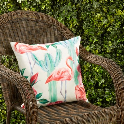Vibrant Multicolor Flamingo and Cactus Polyester Outdoor Pillow