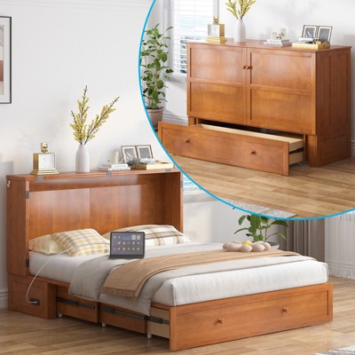 Mjkone Murphy Bed Cabinet , Modern Murphy Bed Queen with Mattress, Built-in USB Charging Station& Drawers
