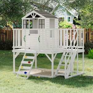Kids Outdoor Playhouse with Climbing Wall,2 Story Wooden Playhouse with Sandbox - 1 of 4