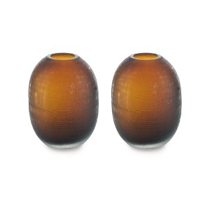 Signature Design by Ashley Embersen Amber Glass Decorative Vase Set of 2 - Short 7.75" Indoor Fluted Accent Pieces with Grid Texture - 1 of 4