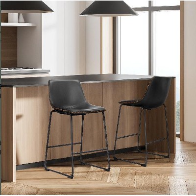 DOMETOUR Armless Faux Leather Barstools with Metal Legs and Footrest for Kitchen Island