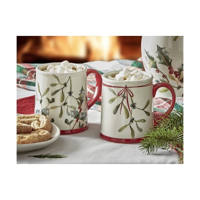 White Ceramic Holiday Mug with Mistletoe Design
