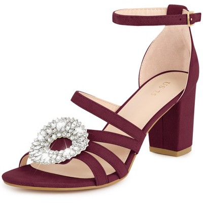 Allegra K Women's Crystal Rhinestone Buckle Chunky Heel Sandal