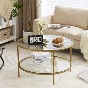 VINGLI Glass Coffee Table, 30" Round Coffee Tables with 2-Tier, for Living Room,Black - 1 of 4