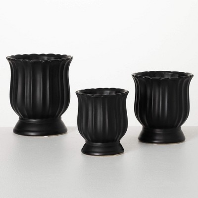 Sullivans 7", 6" & 5.25" Black Tulip Planter Set of 3, Ceramic