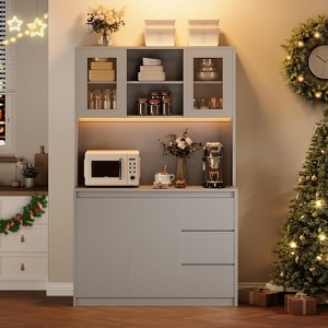 71" Tall Grey Kitchen Pantry Cabinet with LED Lights, Power Outlets, Microwave Stand, Adjustable Shelves, Handless Design, Storage Hutch - 1 of 4