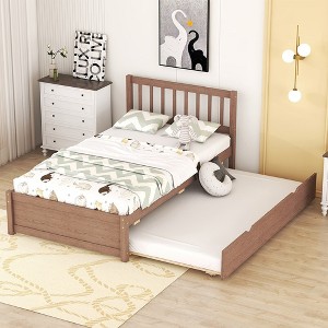 Twin Size Platform Bed With Trundle, Hollow Headboard Platform Bed, Wooden Slats Support, No Box Spring Needed, Easy Assembly - 1 of 4