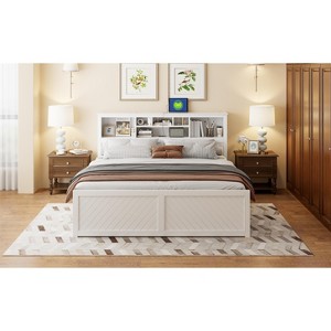 APRILSOUL King Size Wood Platform Bed with Multi-storage Headboard, Drawers, White - 1 of 4