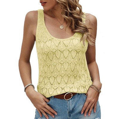 Womens Sweater Tank Tops Pointelle Knit Deep U Neck Ribbed Cuff Pullover Sweater Vest Milanese Knit Sweater