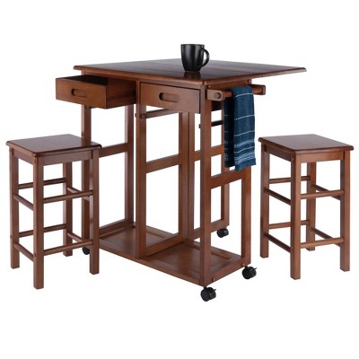 Teak 3-Piece Space Saver Drop Leaf Dining Set with Stools