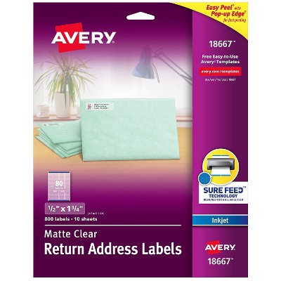 Avery Easy Peel Inkjet Return Address Labels 1/2" x 1-3/4" Clear 80 Labels/Sheet 10 Sheets/Pack