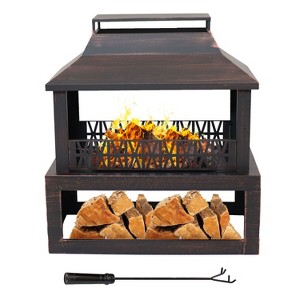 Sunnydaze Backyard Blaze Heavy-Duty Steel Outdoor Fireplace - Built-In Log Storage and Protective Cover - 35-Inch H - Brushed Bronze - 1 of 4