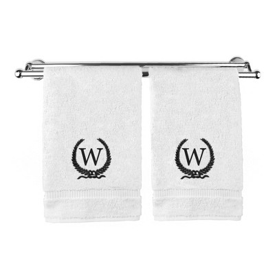 BC BARE COTTON Monogrammed Hand Towel, 100% Turkish Cotton - Set of 2 - White - Black Wreath