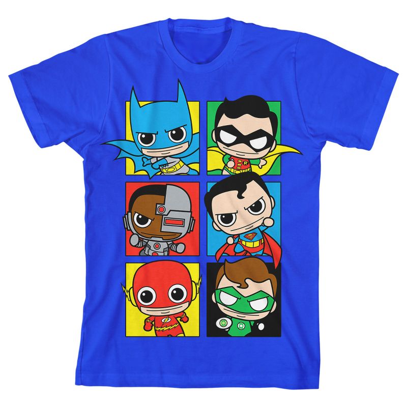 The Justice League Cute Superheroes in Squares Youth Royal Blue Graphic Tee, 1 of 3