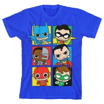 The Justice League Cute Superheroes in Squares Youth Royal Blue Graphic Tee
