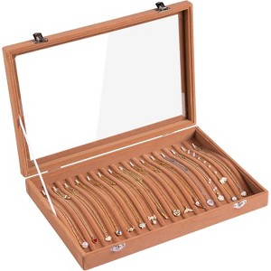 Lockable Necklace Organizer with 15 Hooks, Beige Velvet Tray and Clear Lid for Pendants and Chains, Jewelry Storage Box - 1 of 4