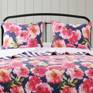 Greenland Home Fashions Peony Posy Navy Sham, 100% Microfiber Face, Reversible Coastal Design with Decorative Ties - 1 of 3
