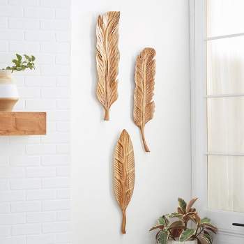 Set of 3 Teak Wood Bird Handmade Carved Feather Wall Decors Brown - Olivia & May