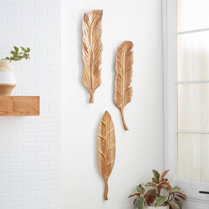 Set of 3 Teak Wood Bird Handmade Carved Feather Wall Decors Brown - Olivia &#38; May, 1 of 8