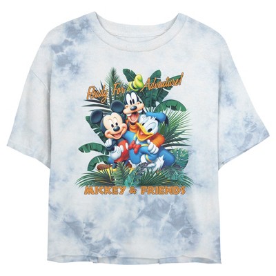 Juniors Womens Mickey & Friends Ready For Adventure Tropical Crop T-Shirt